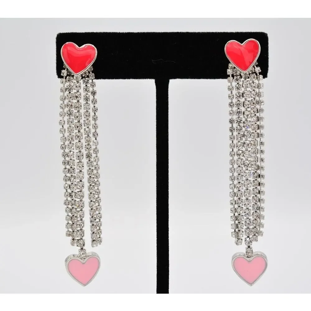 Guess Heart Earrings Rhinestone Crystal Fringe Red Pink Valentine Signed BinAA